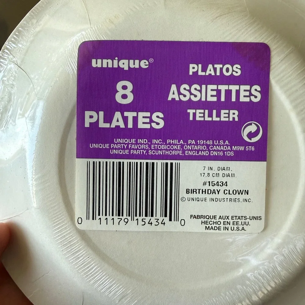 Vintage 1994 Unique Industries Birthday Clown Paper Plates 7in 56ct 8 Packs NEW